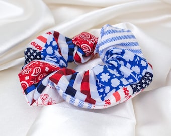Patriotic Patchwork Quilt Scrunchy, Floral Gingham Scrunchie with American Flag for 4th of July, Independence Day, 90s Clothing