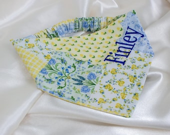 Personalized Dog Bandana, Embroidered Patchwork Quilt Custom Dog Bandana, Floral Gingham Dog Scarf, Pet Handkerchief with Custom Name