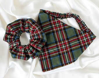 MATCHING Christmas Plaid Flannel Dog Bandana and Hair Scrunchie Set, Holiday Dog and Owner, Christmas Gifts, Winter Tartan Dog Scarf