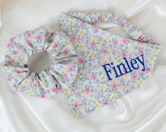 MATCH YOUR DOG! Sage Floral Personalized Dog Bandana and Hair Scrunchie Set, Embroidered Pet and Owner Pack, Custom Name Dog Bandana