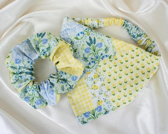 Matching Floral Patchwork Quilt Dog Bandana and Hair Scrunchie Set, Gingham Scrunchy Pet and Owner Set, Pastel Scrunchies and Dog Scarf Pack
