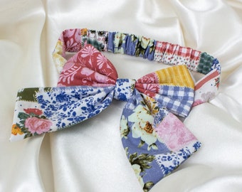 Patchwork Quilt Dog Bow or Dog Bow Tie, Floral Gingham Plaid Sailor Dog Bows, Bows for Dogs, Dog Bowtie