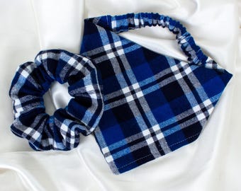 Tartan Plaid Flannel Dog Bandana and Hair Scrunchie Matching Set for Fall