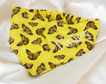 Embroidered Personalized Dog Bandana, Monarch Butterfly Custom Dog Scarf with Custom Name, Yellow Pet Handkerchief for Spring