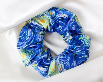 Starry Night Scrunchie, Blue Art Scrunchy, Handmade Gift for Women, Hair Ties