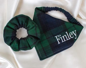 MATCHING Personalized Flannel Dog Bandana and Hair Scrunchie Set, Embroidered, Green Plaid Dog Scarf and Scrunchy, Custom Name, Winter, Fall