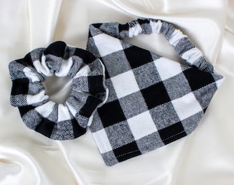 Matching Buffalo Check Flannel Dog Bandana and Hair Scrunchie Set, for Fall