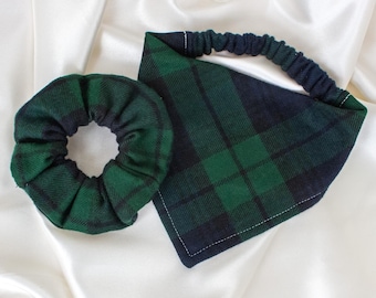 Matching Green Plaid Flannel Dog Bandana and Hair Scrunchie Set for Fall