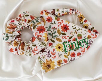 Personalized Fall Dog Bandana and Hair Scrunchie Matching Set with Flowers and Mushrooms