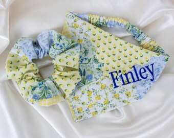 MATCHING SET, Embroidered Dog Bandana and Hair Scrunchy Set, Personalized, Gingham Patchwork Quilt Scrunchie Pet and Owner Set, Custom Name