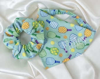 Matching Embroidered Pickleball Dog Bandana and Hair Scrunchie Set, Personalized Pickle Ball Dog Scarf, Sage Pet Handkerchief, Custom Name