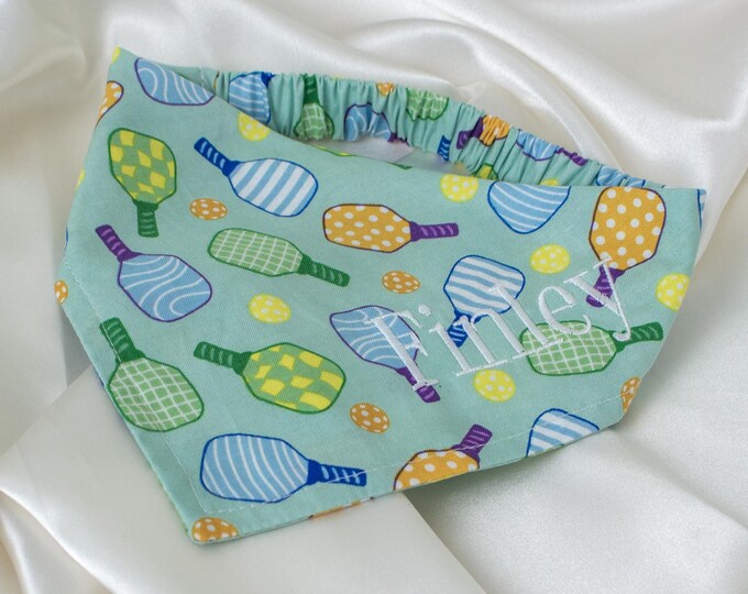 Featured listing image: Pickleball Embroidered Dog Bandana, Personalized Pickle Ball Dog Scarf with Custom Name, Sage Green Pet Handkerchief, Sports