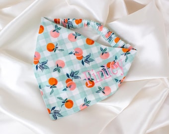 Personalized Gingham Plaid Dog Bandana in Sage Green, with Summer Oranges