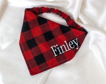 Personalized Fall Flannel Dog Bandana in Buffalo Plaid, with Embroidered Name
