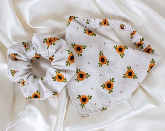 Matching Beige Sunflower Fall Dog Bandana and Hair Scrunchie Set, Autumn Floral Dog and Owner Pack, Scrunchy and Dog Scarf
