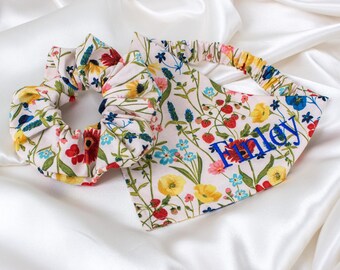 MATCHING Personalized Beige Floral Dog Bandana and Hair Scrunchie Set, Embroidered Strawberry Scrunchy and Dog Scarf with Custom Name