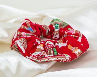 Christmas Gingerbread House Scrunchie, Winter Holiday Scrunchy with Christmas Trees and Snowflakes, Christmas Gifts, Gift for Women