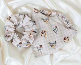 Matching Beige Gingham Dog Bandana and Hair Scrunchie Set with Chickens, Checkered Dog Scarf and Scrunchy Pack, Pet and Owner Set
