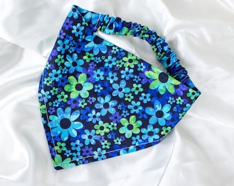 Blue Floral Dog Bandana with EASY Slip On Elastic Strap