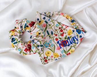 Matching Beige Floral Dog Bandana and Hair Scrunchie Set with Strawberries and Embroidered Name