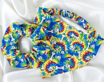 Matching Rainbow Tie Dye Dog Bandana and Hair Scrunchie Set