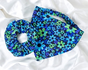 Matching Blue Floral Dog Bandana and Hair Scrunchie Set