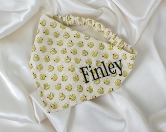Personalized Beige Dog Bandana with Rubber Ducks and Embroidered Name