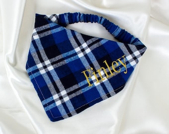 Personalized Fall Flannel Dog Bandana in Blue Tartan Plaid, with Embroidered Name