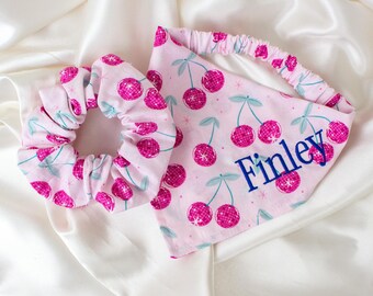 Personalized Disco Cherries Dog Scarf and Hair Scrunchie Matching Set, Embroidered, Pink