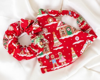 MATCHING Christmas Gingerbread House Dog Bandana and Hair Scrunchy Set, Holiday Scrunchie Pet and Owner Set, Winter Scrunchie and Dog Scarf