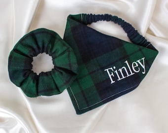 Personalized Matching Fall Flannel Dog Bandana and Hair Scrunchie Set in Green Plaid, Embroidered