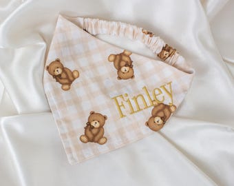Personalized Beige Gingham Dog Bandana, with Teddy Bears and Gold Embroidered Name