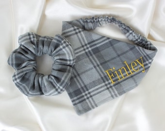 Matching Personalized Fall Flannel Dog Bandana and Hair Scrunchie Set in Grey Plaid