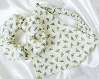 Matching Cream Bee Dog Bandana and Hair Scrunchie Set