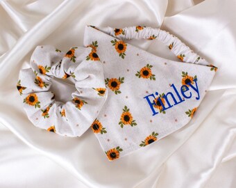 Personalized Beige Sunflower Dog Bandana and Hair Scrunchie Matching Set, Embroidered, Floral