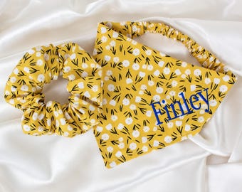 MATCHING Custom Dog Bandana and Hair Scrunchie Set, Personalized, Mustard Floral Dog Scarf and Scrunchy, Embroidered Pet Handkerchief