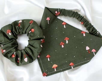 Matching Fall Dog Bandana and Hair Scrunchie Set with Woodland Mushrooms