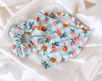 Personalized Gingham Oranges Dog Bandana and Hair Scrunchie Matching Set, in Sage Green