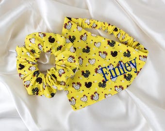 Personalized Matching Farm Chickens Dog Bandana and Hair Scrunchie Set, Embroidered