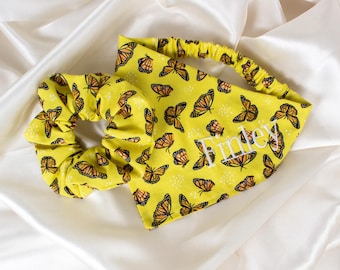 Matching Personalized Dog Bandana and Hair Scrunchie Set, with Monarch Butterflies and Embroidered Name