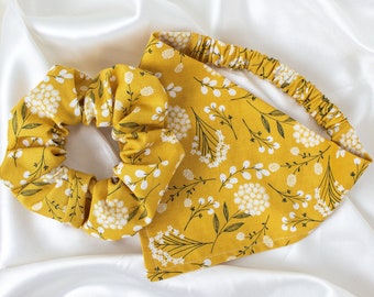 Matching Mustard Floral Dog Bandana and Hair Scrunchie Set
