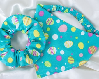 Matching Easter Eggs Dog Bandana and Hair Scrunchie Set, for Spring