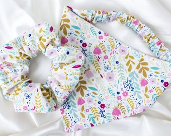 Matching White Floral Dog Bandana and Hair Scrunchie Set