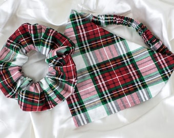 Matching Plaid Dog Bandana and Hair Scrunchy Set, for Christmas, Winter