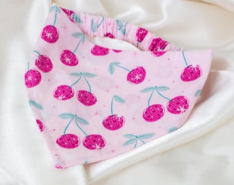 Disco Cherries Dog Bandana, Pink Dog Scarf with Disco Balls, Retro Pet Handkerchief or Cat Bandana, Large or Small Dog Bandana