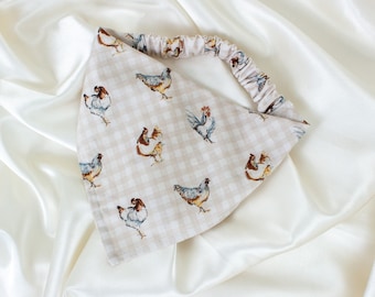 Beige Gingham Dog Bandana with Farm Chickens