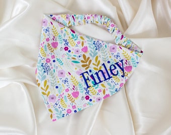 Personalized White Floral Dog Bandana, with Embroidered Name