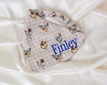 Personalized Beige Gingham Dog Bandana, with Chickens and Embroidered Name