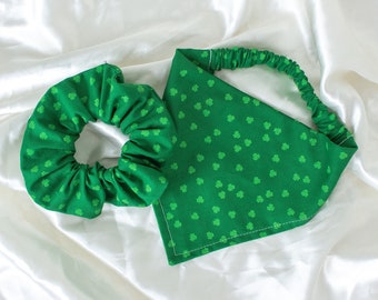 St Patricks Day MATCHING Slip On Dog Bandana Hair Scrunchie Set, Green Four Leaf Clover Matching Pet and Owner Set, Scrunchy and Dog Scarf