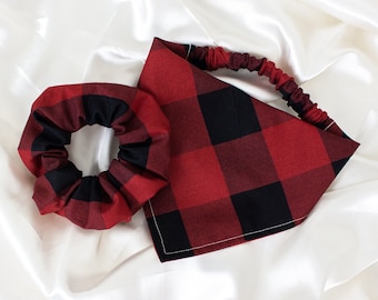 MATCH YOUR DOG! Matching Buffalo Plaid Dog Bandana and Hair Scrunchie Set, Scrunchy Pet and Owner Set, Scrunchies and Dog Scarf